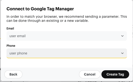 Choosing the email and phone variables and the Create Tag button