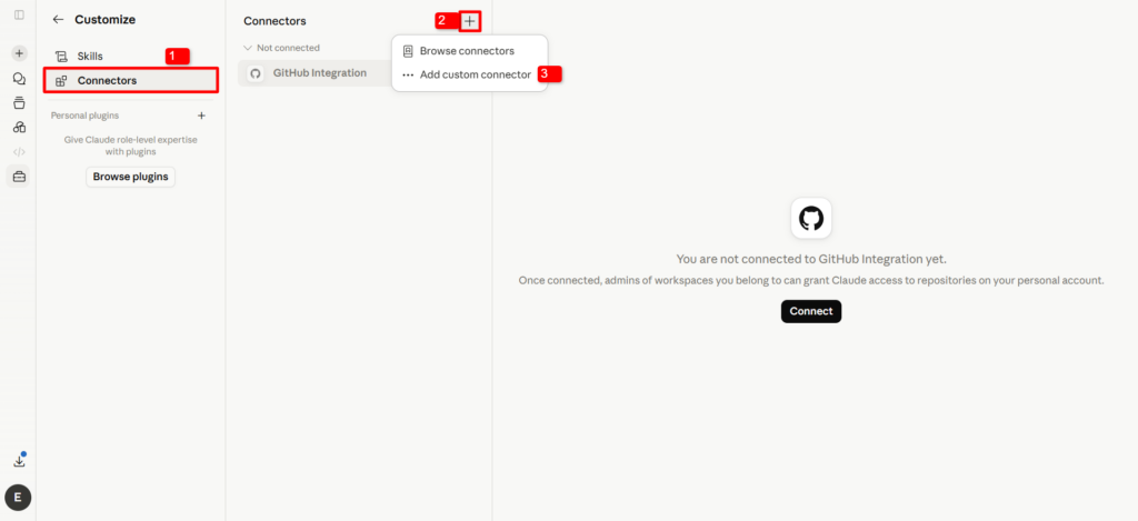 The Connectors page in Claude, the add button and the Add custom connector option