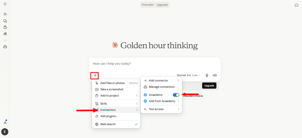 The Connectors menu in a Claude chat and the switch to turn on the connector