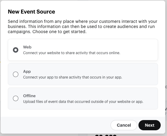 The New Event Source window with the Web option