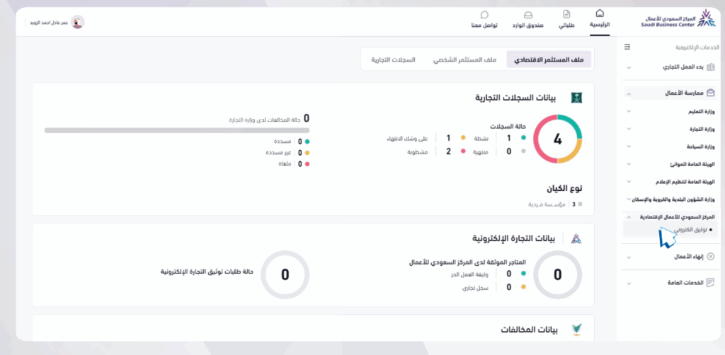 The Business Platform main menu and the e-verification link