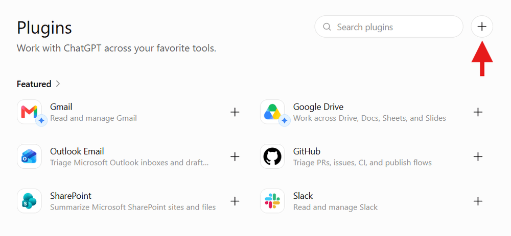 The Plugins page in ChatGPT and the add button