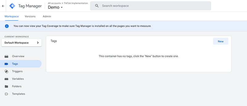 The Tags page in Google Tag Manager and the New button
