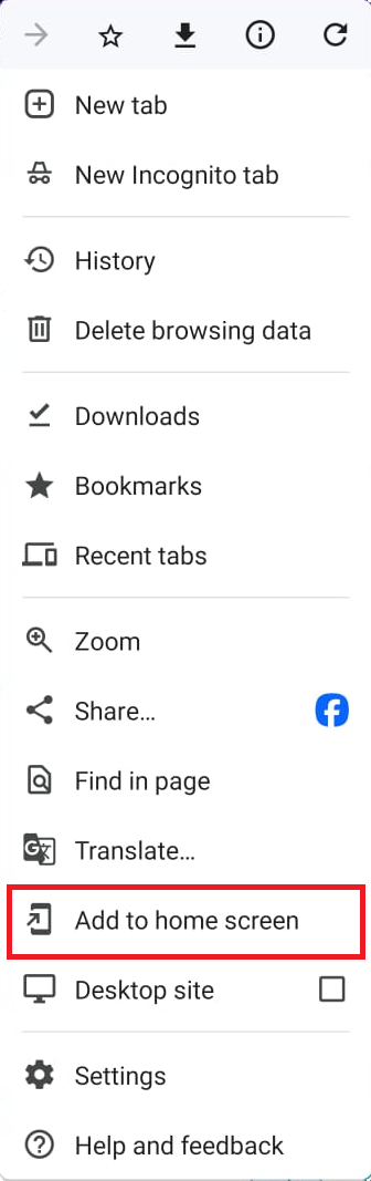 The browser menu and the Add to home screen option