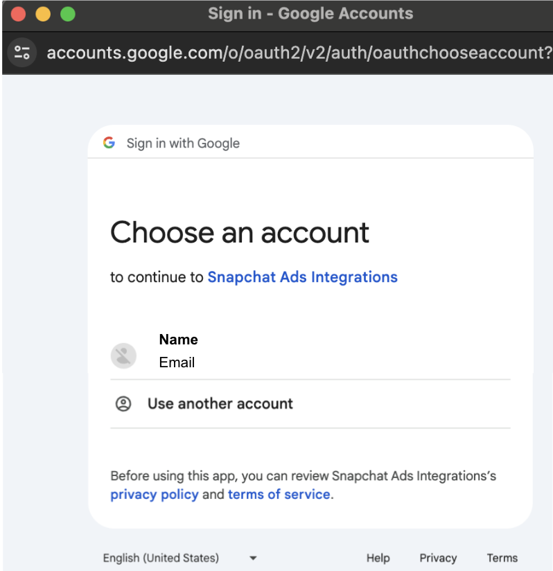 The Google account picker to continue to Snapchat Ads Integrations