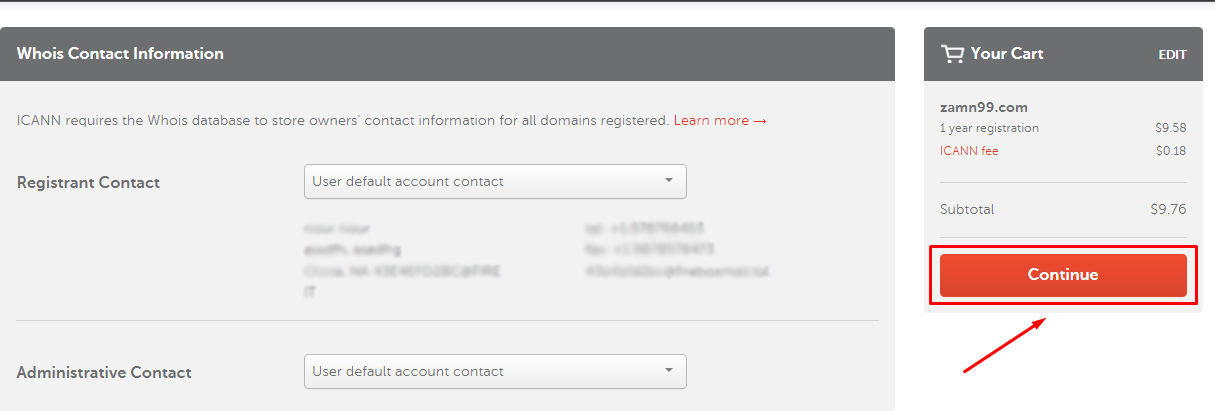 The contact details page with the cart and the Continue button