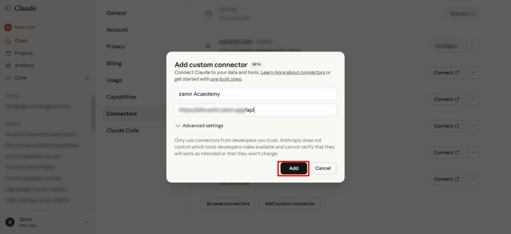 The Add custom connector window in Claude with the name and link fields and the Add button