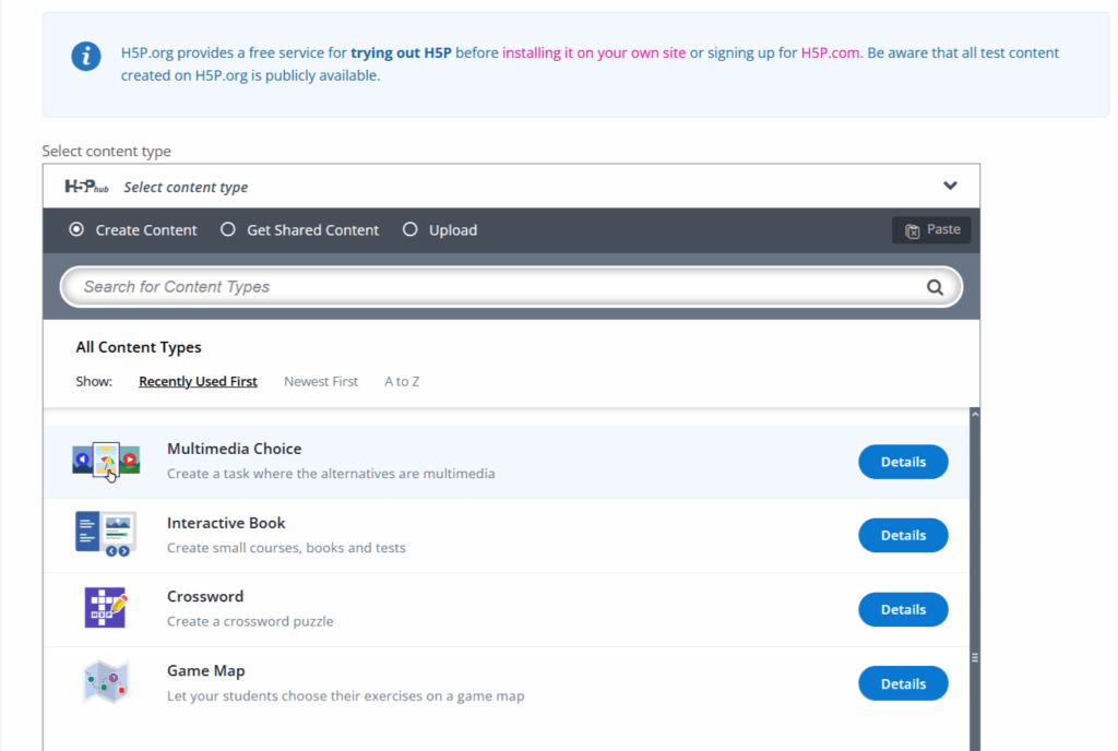 The list of interactive content types in H5P