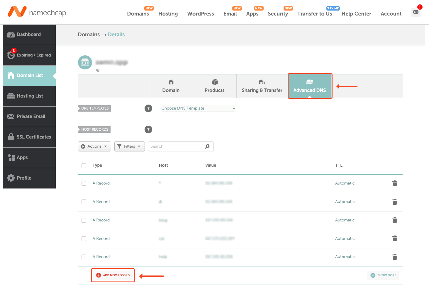 The Advanced DNS tab and the ADD NEW RECORD button in Namecheap