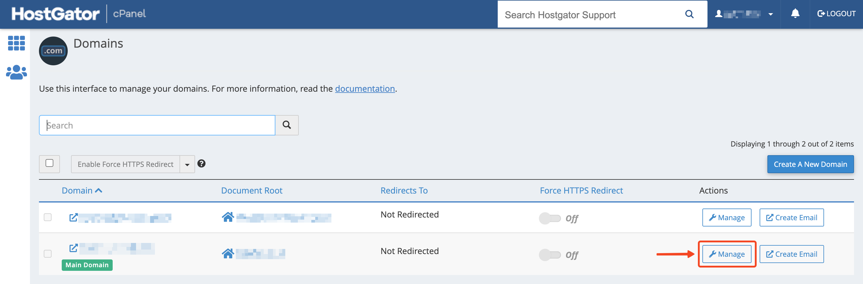 The list of domains in Hostgator and the Manage button