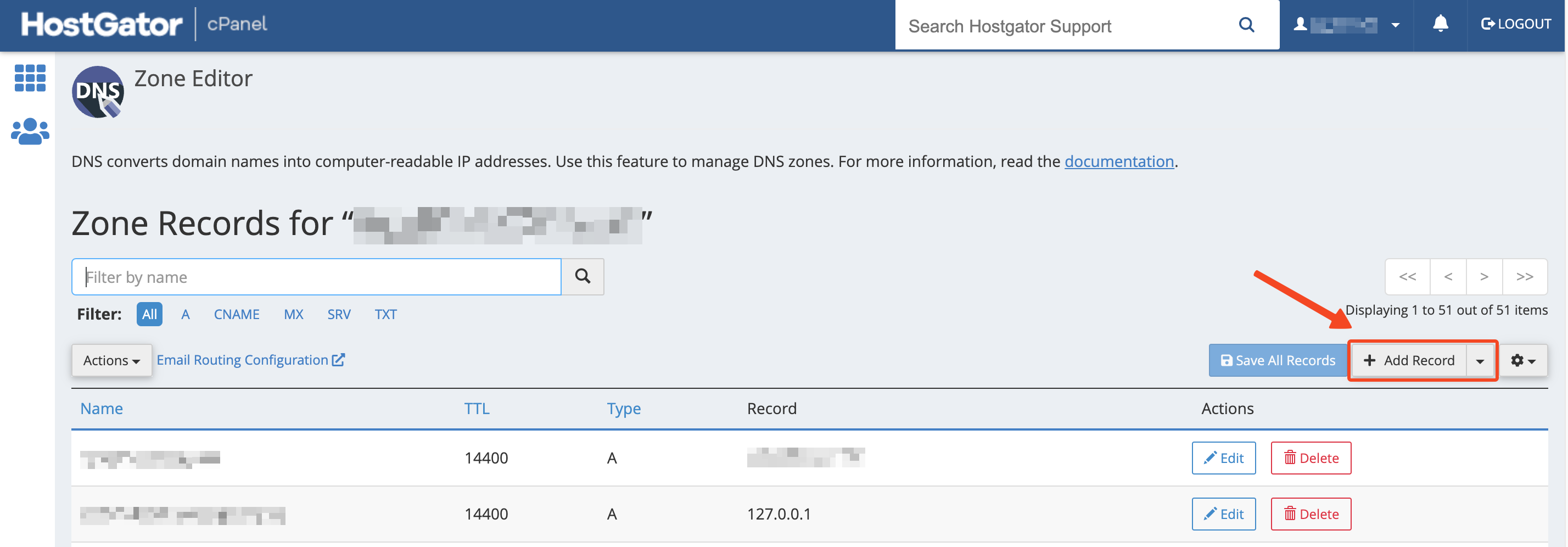 The Add Record button to add a new record in Hostgator