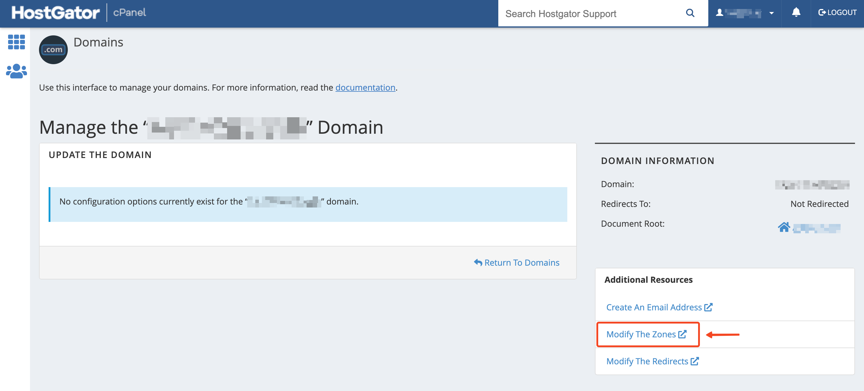 The Modify The Zones option to manage the domain records