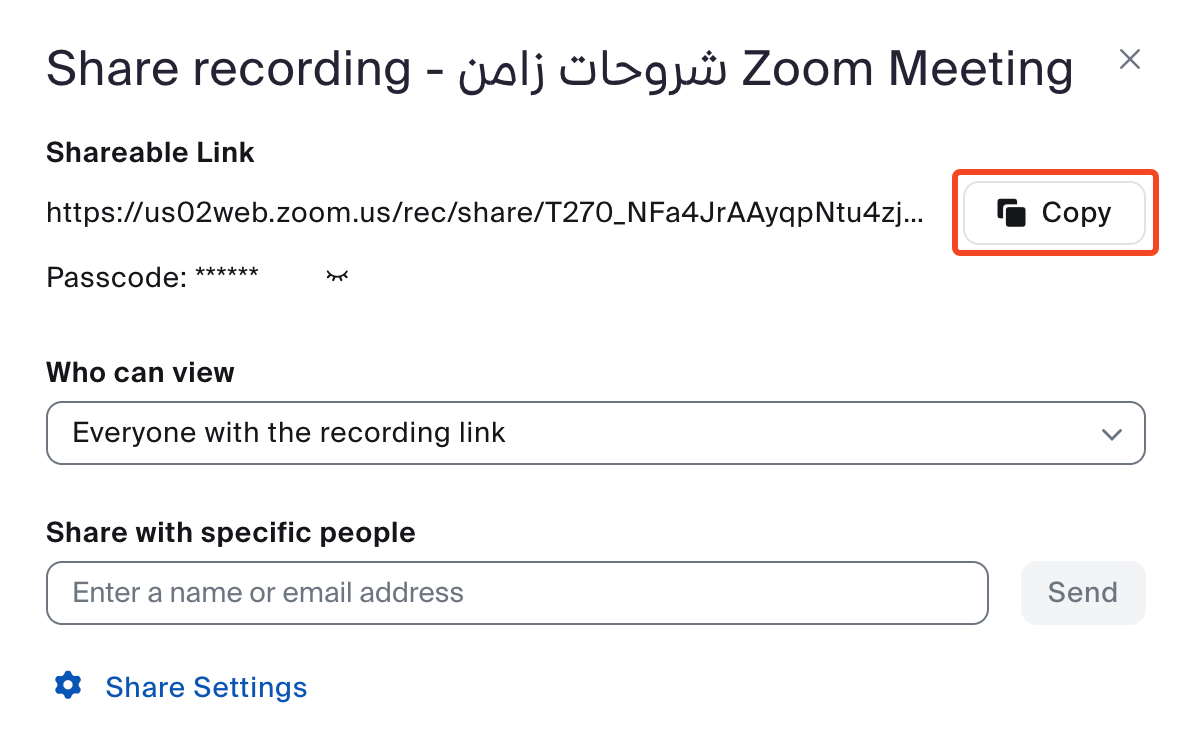 The Zoom share recording window and the Copy button