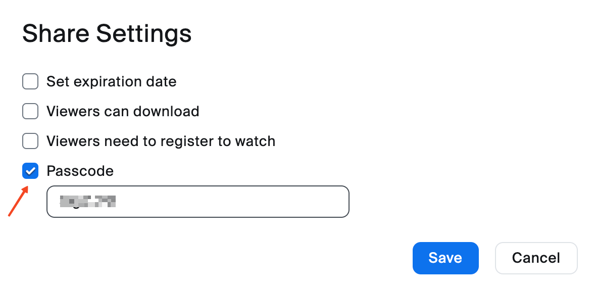 The Passcode option checked in the Share Settings window