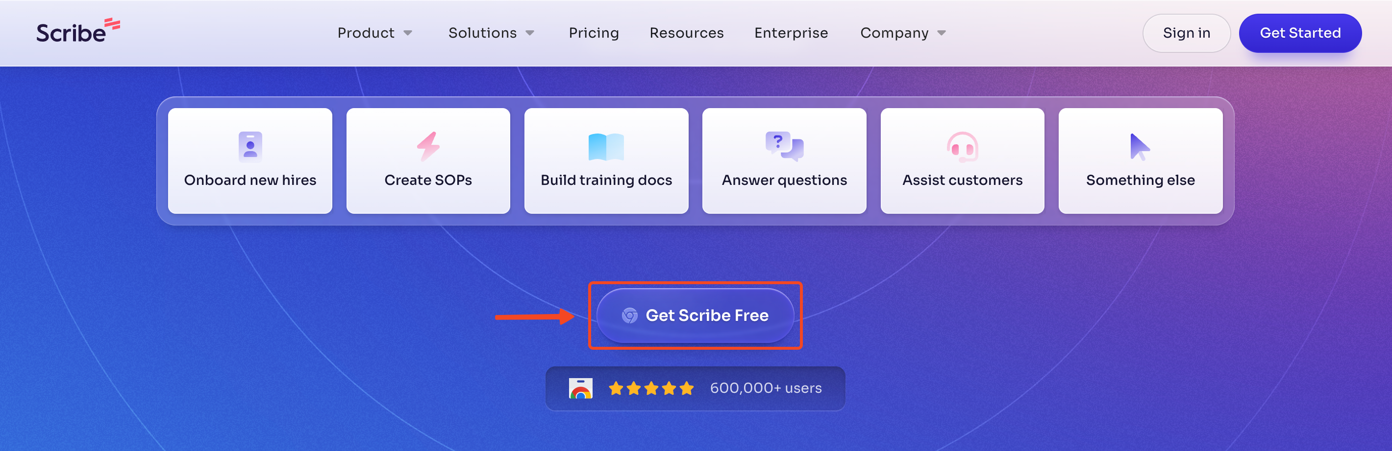 The ScribeHow home page and the Get scribe free button