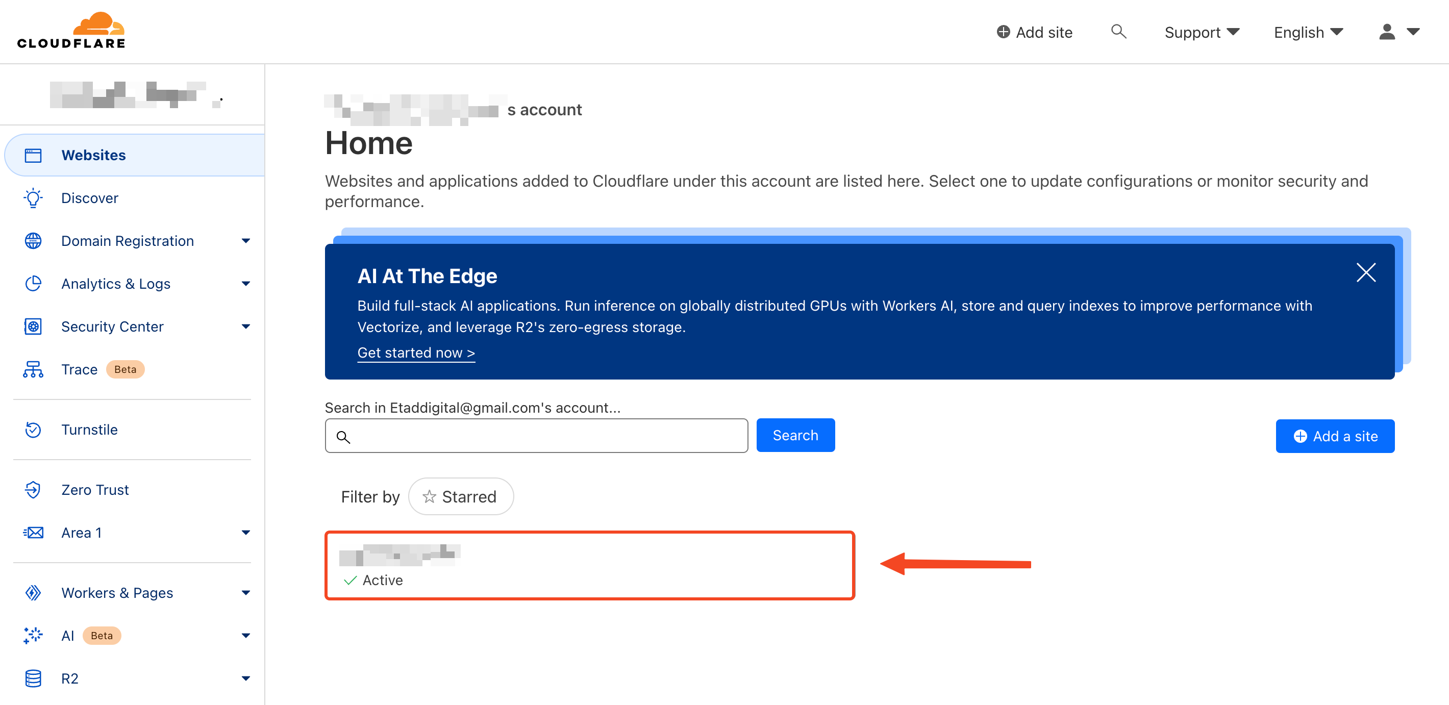 The list of websites in the Cloudflare account and the chosen domain