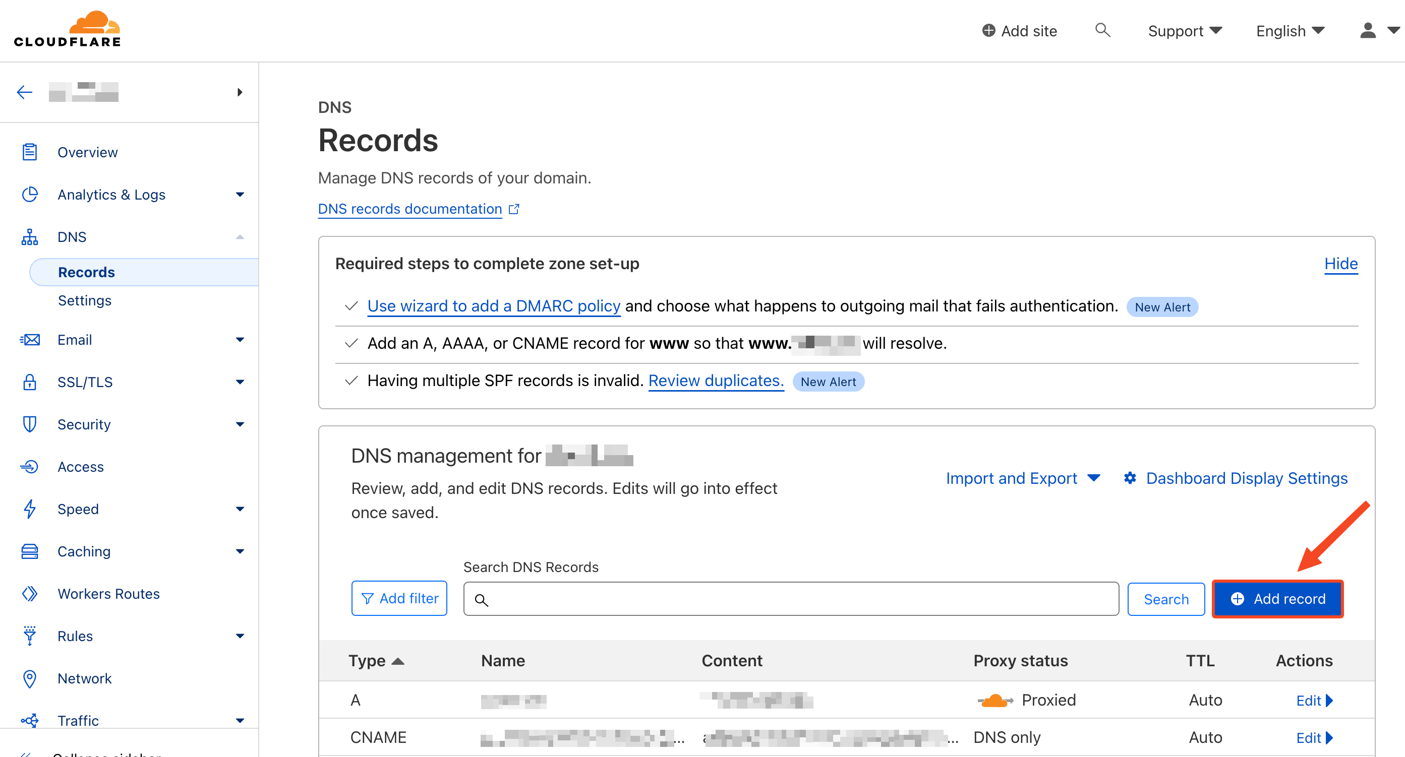 The DNS records page and the Add record button