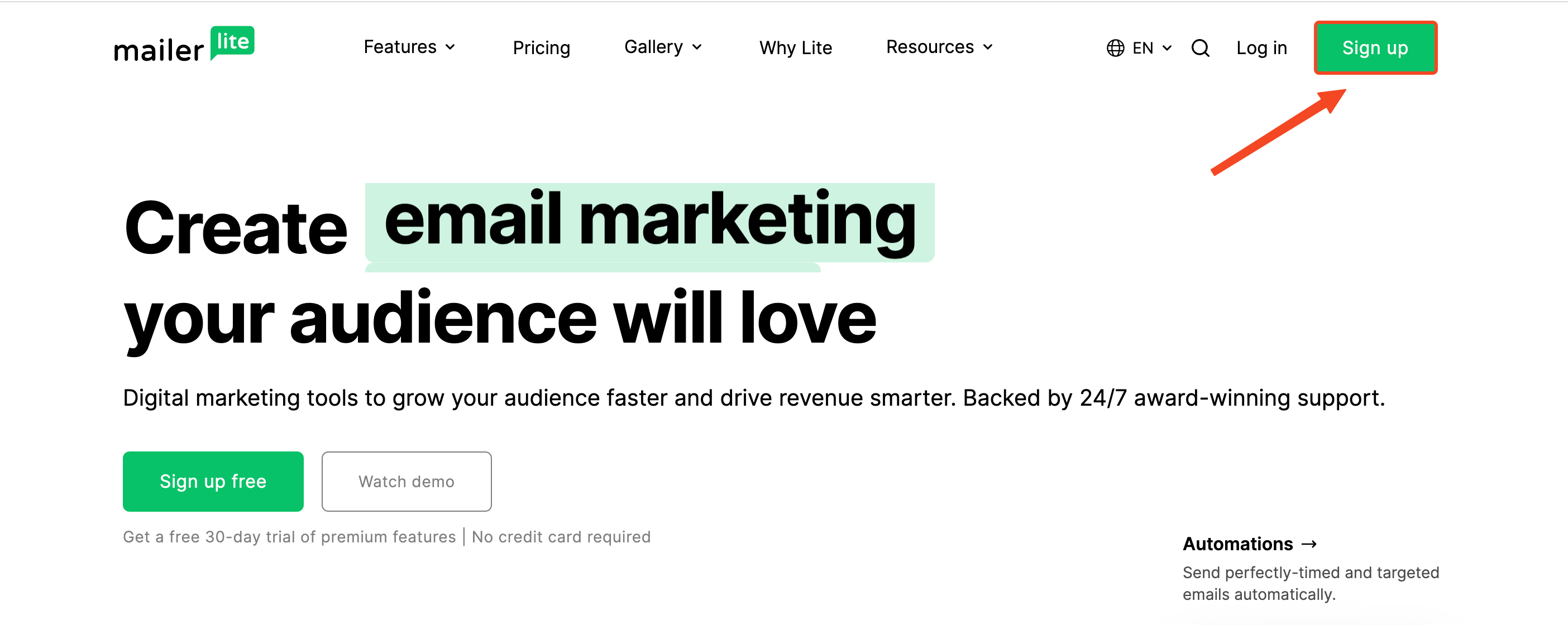 The MailerLite home page and the Sign up button