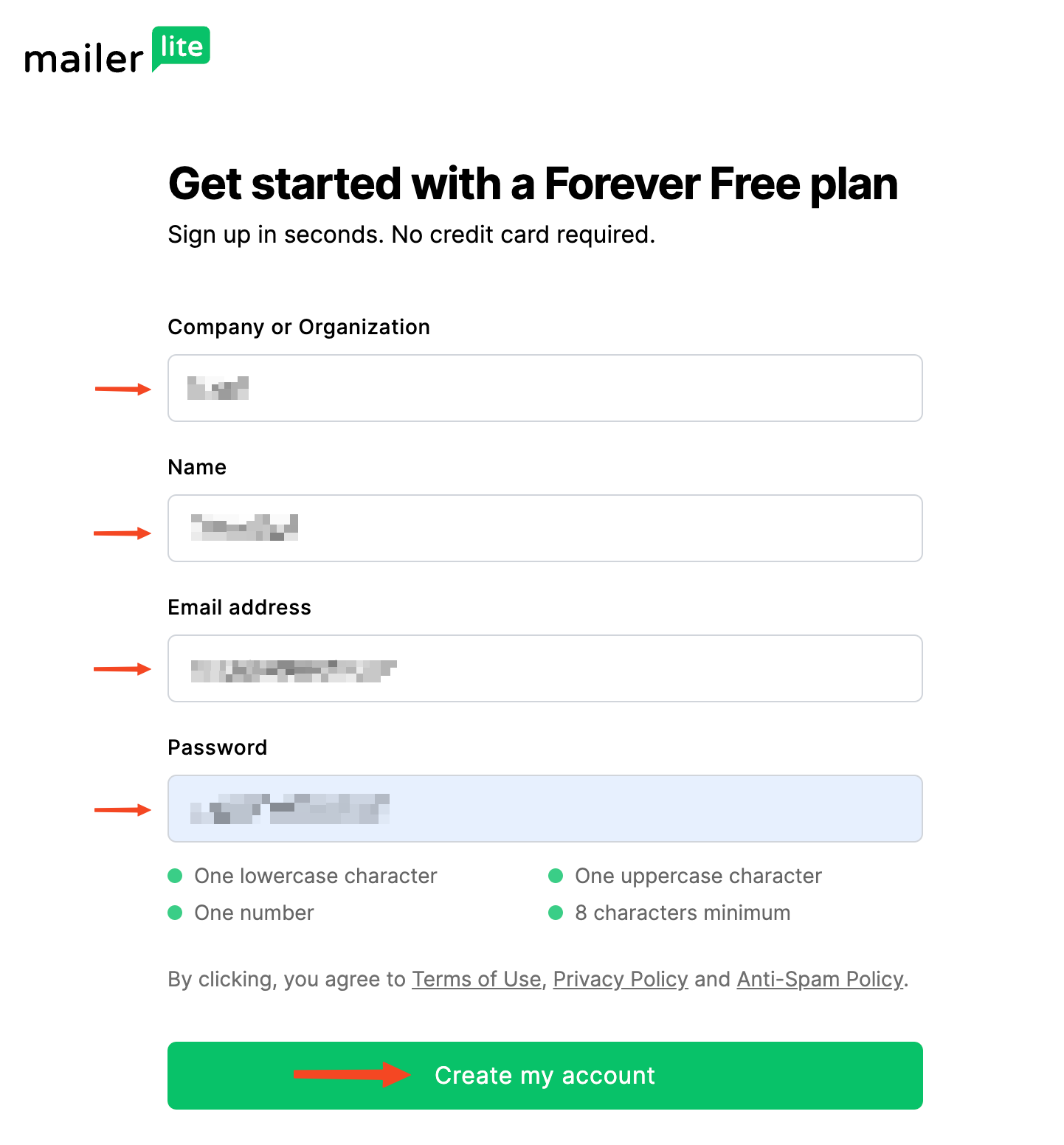 The MailerLite sign up form and the Create my account button