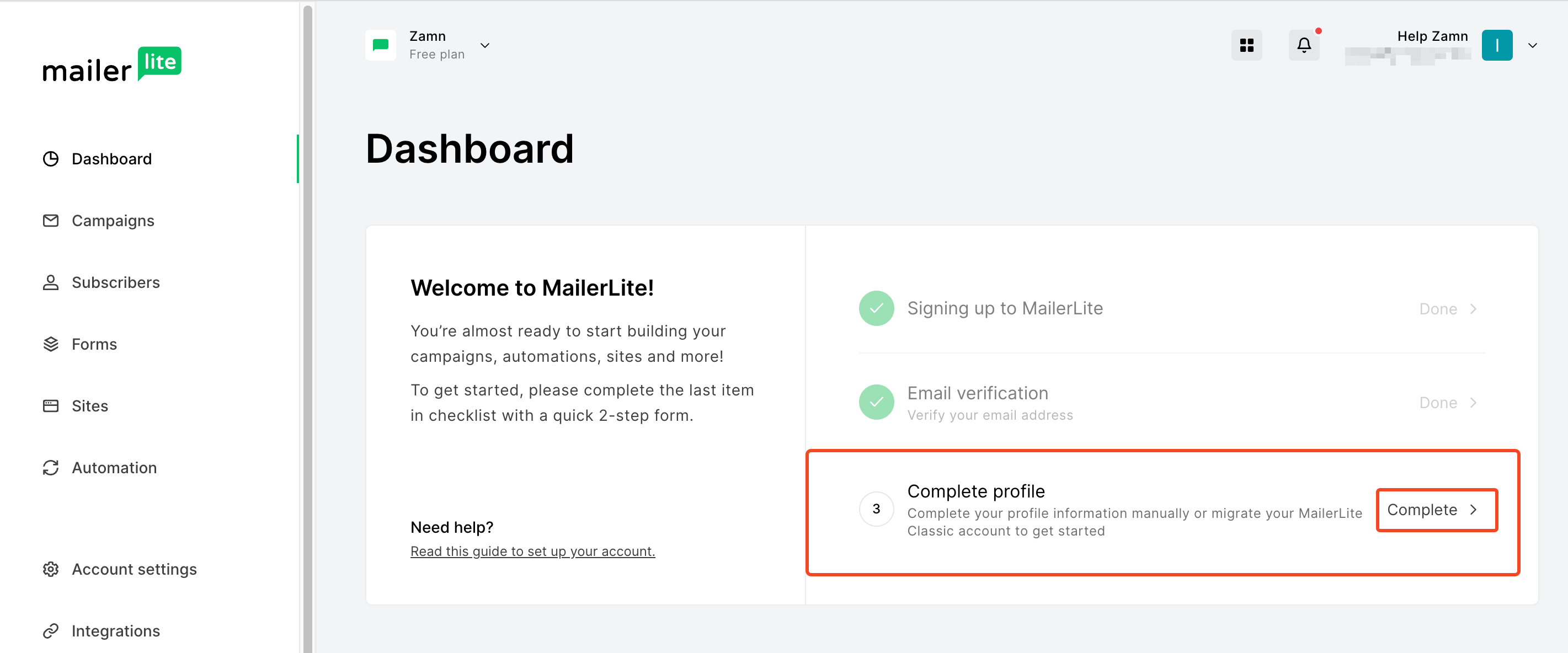 The Complete button to finish the MailerLite profile
