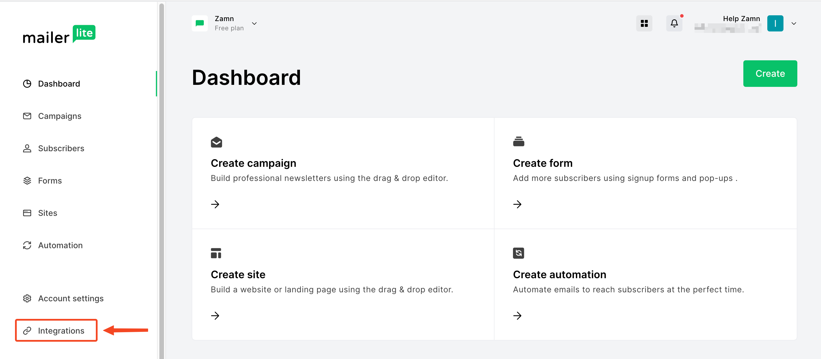 The Integrations menu in the MailerLite dashboard