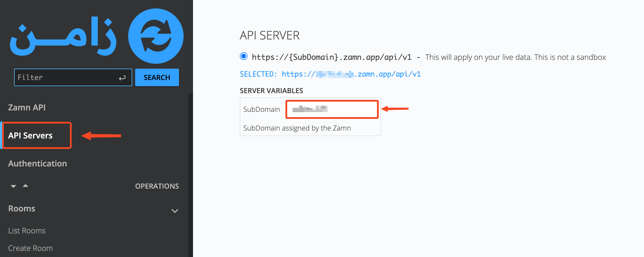 The API Servers section and the SubDomain field