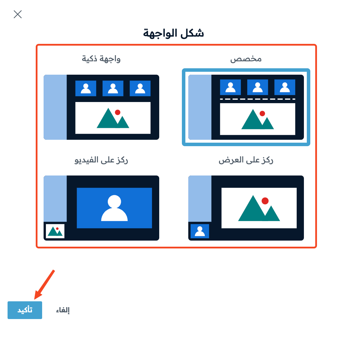 The Layout window with the four layouts and the Confirm button