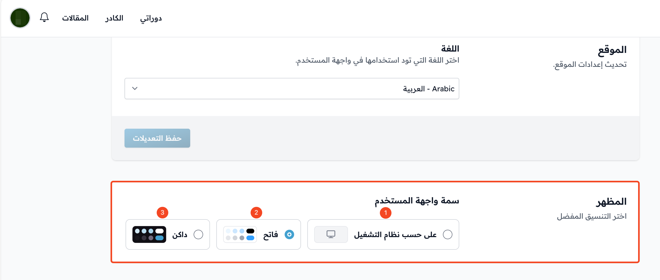 The Appearance section and the three User Interface Theme options