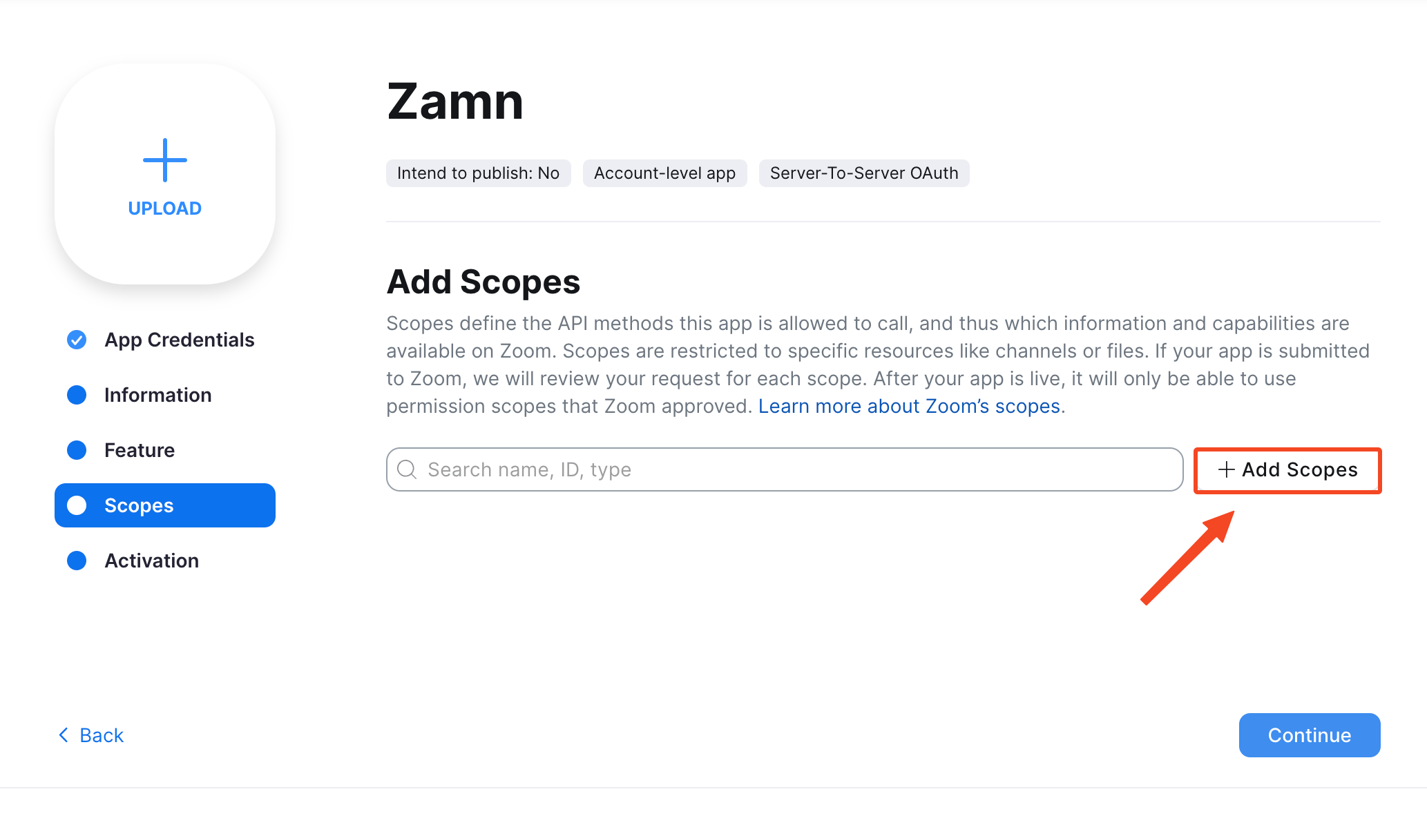 The Scopes page and the Add Scopes button