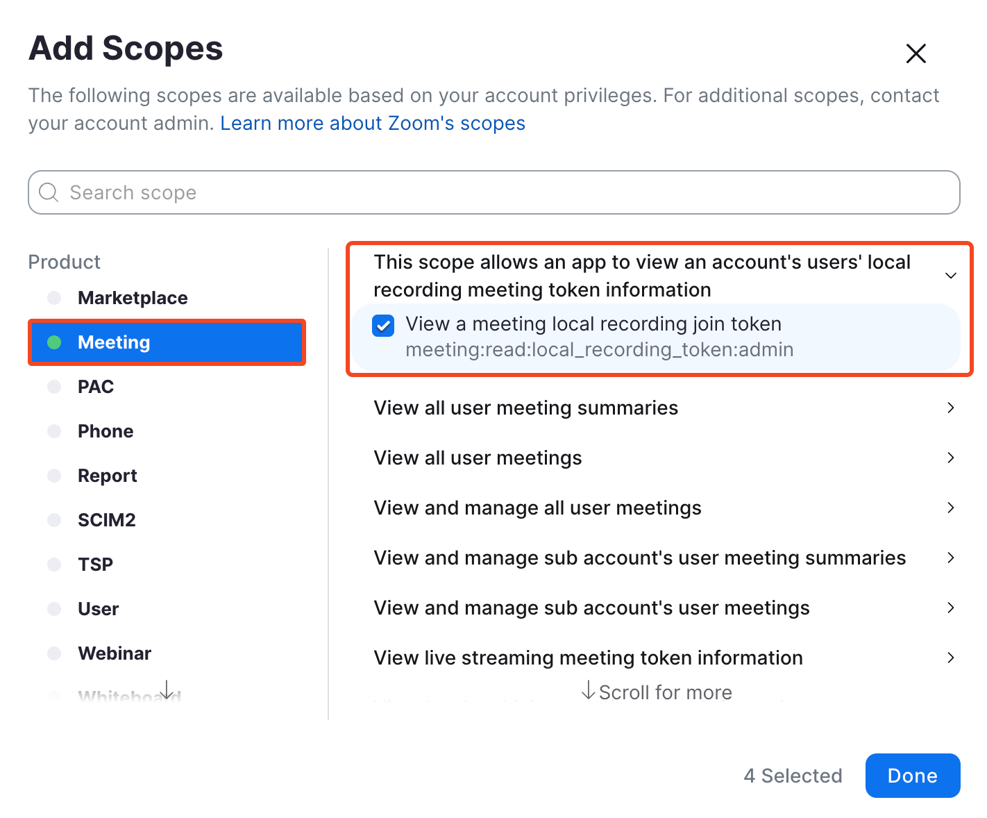 The local recording token scope in the Meeting scopes