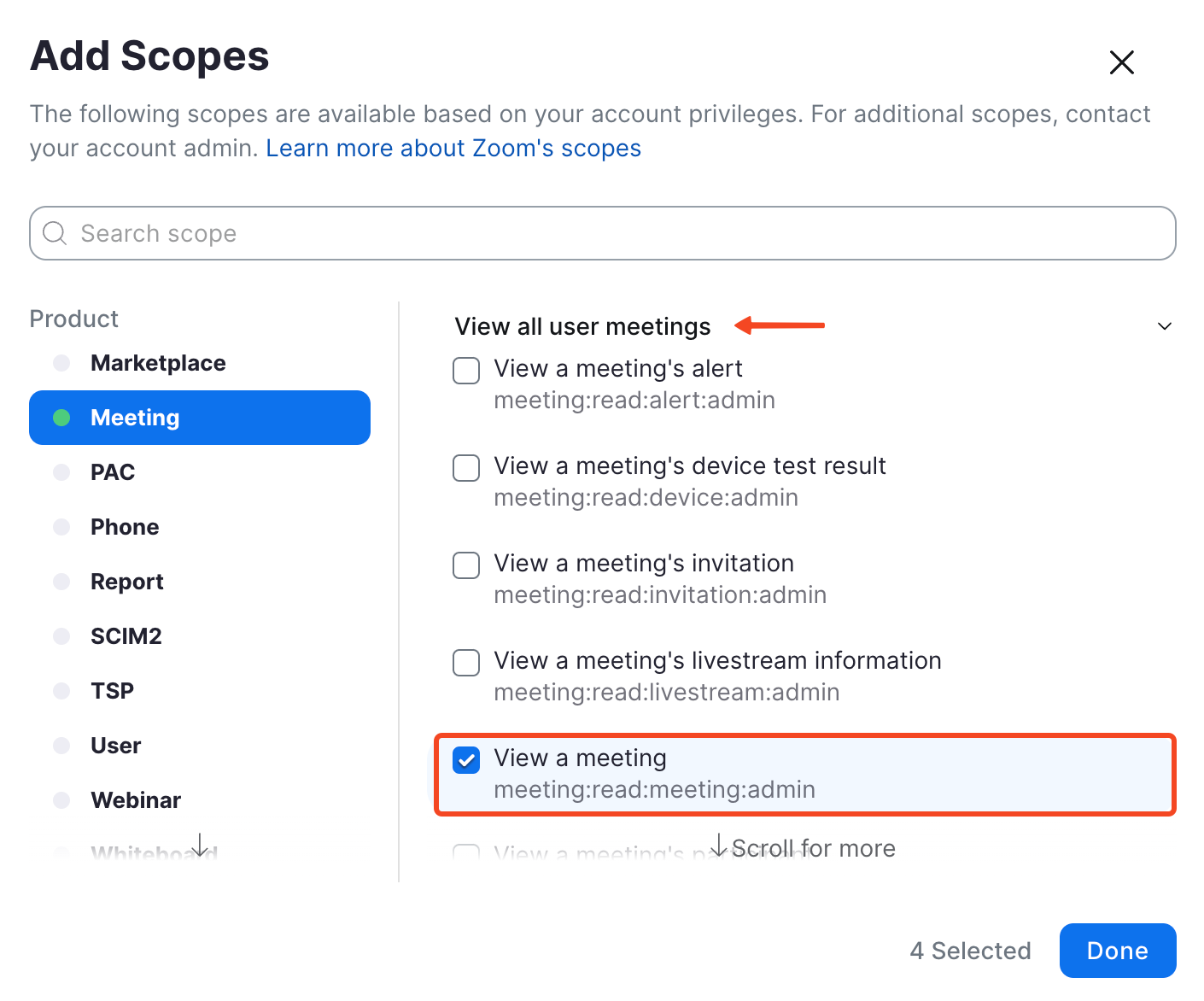 The View a meeting scope in the View all user meetings group