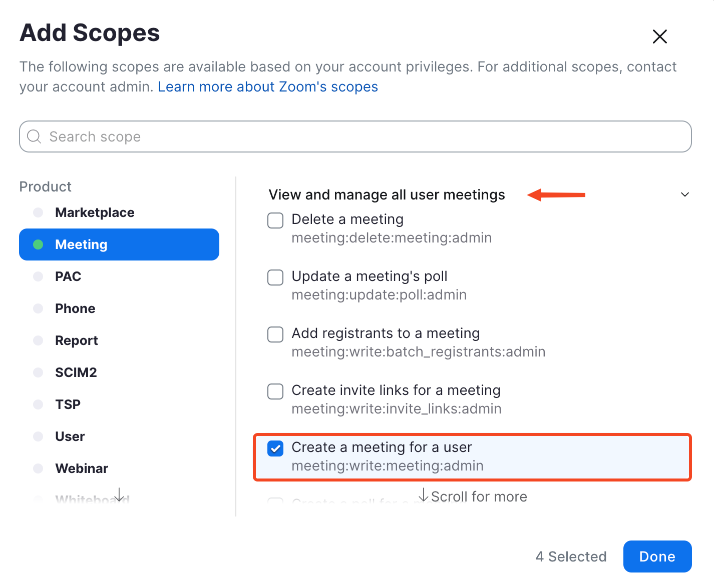 The Create a meeting for a user scope in the View and manage all user meetings group