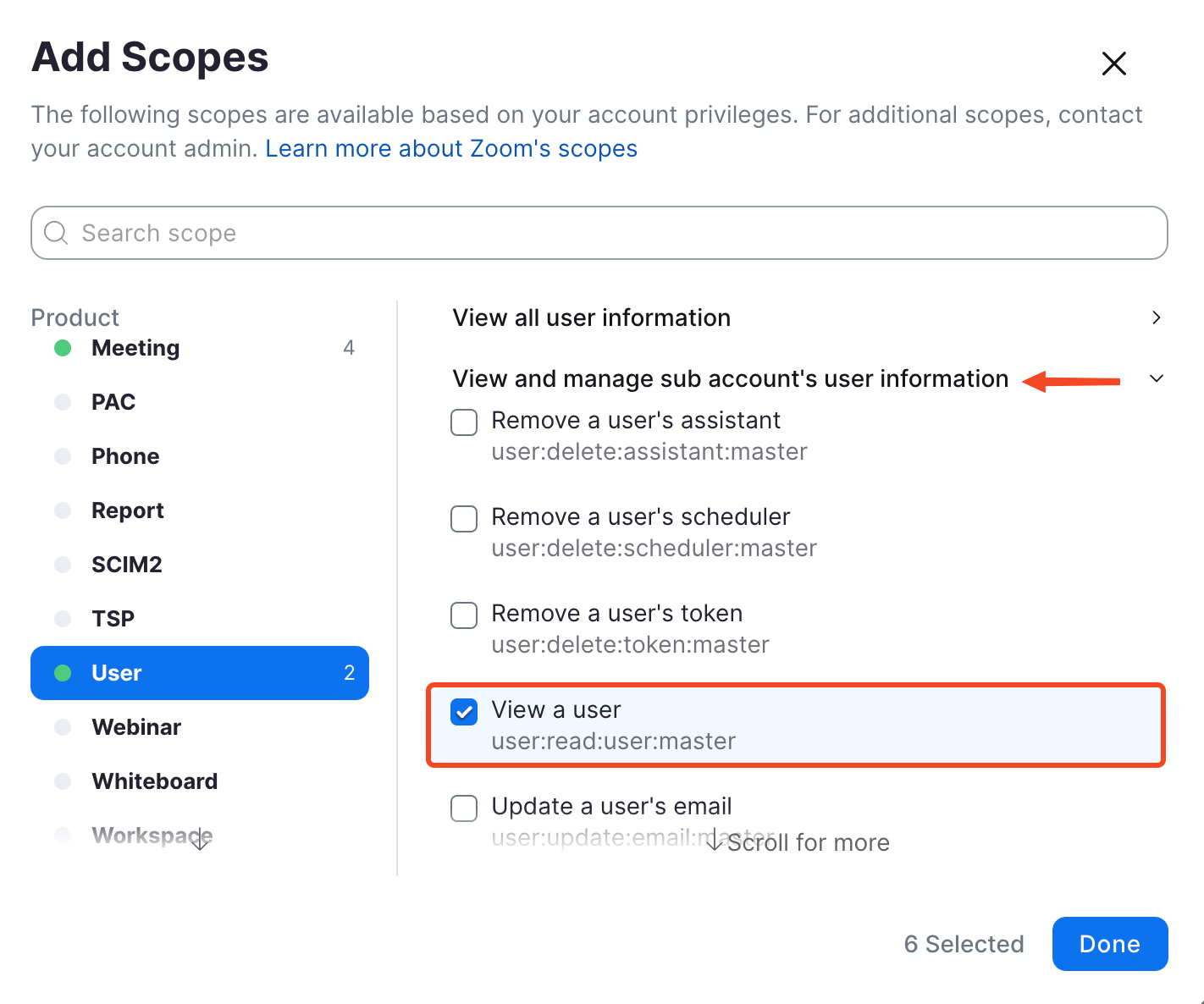 The View a user scope in the sub account group of the User scopes