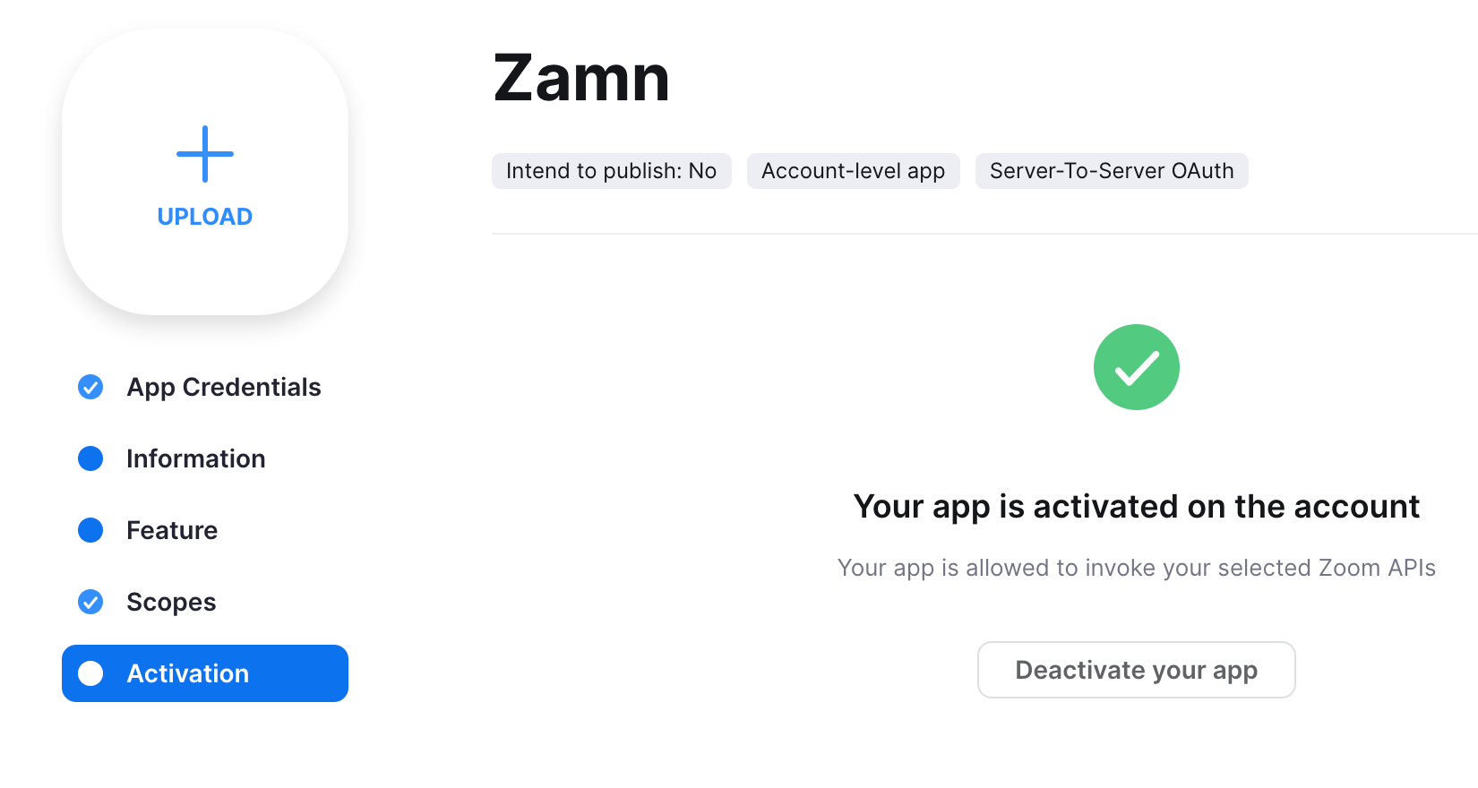 The message that the app is activated on the account
