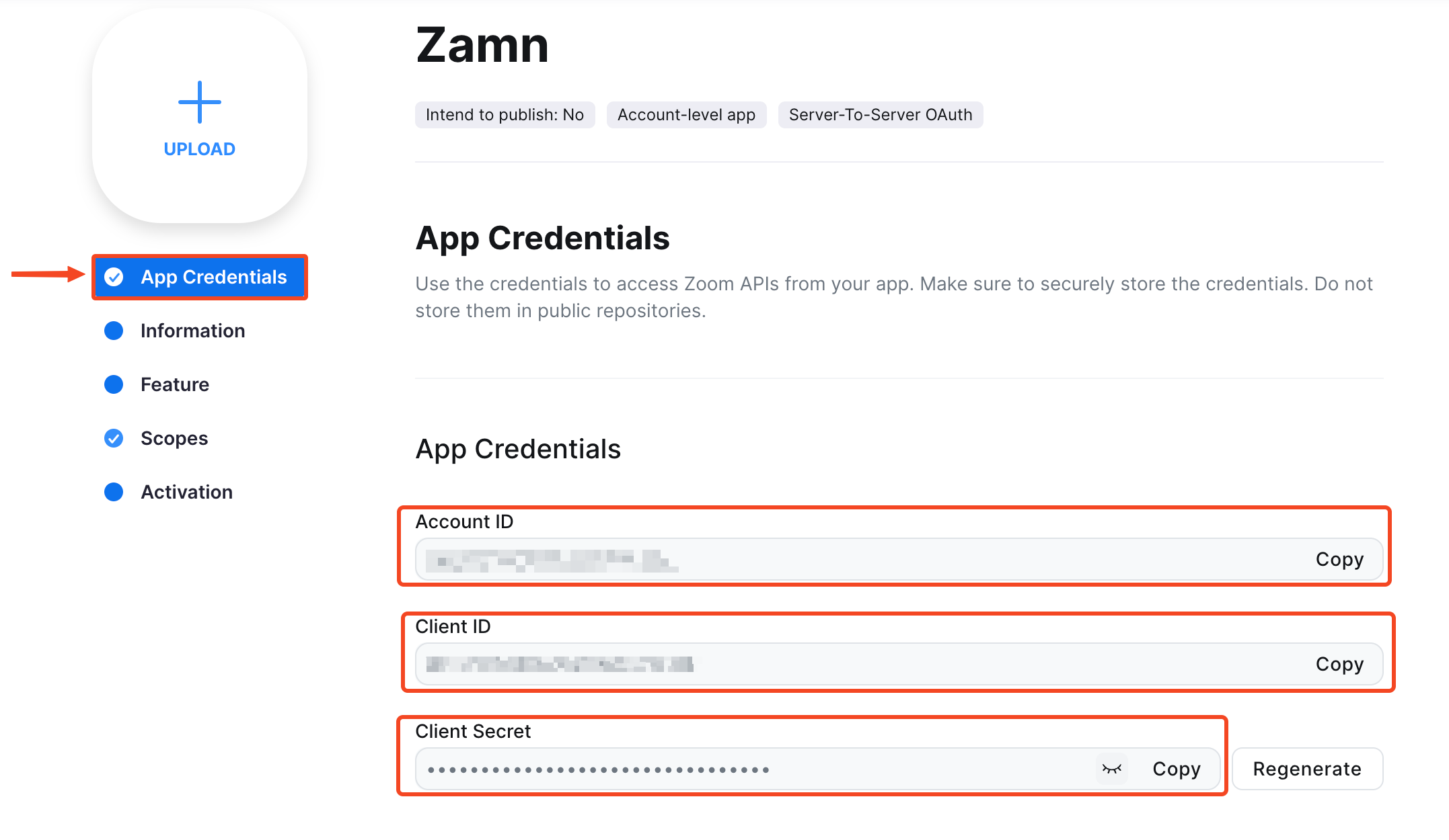 The three connection keys on the App Credentials page
