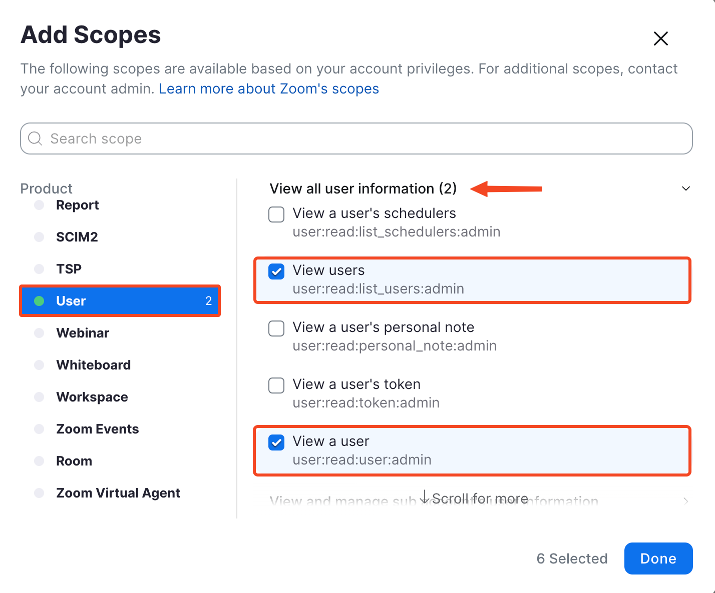 The View users and View a user scopes in the User scopes