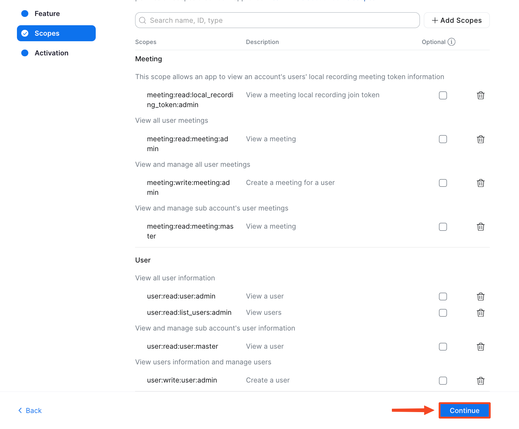 The list of added scopes and the Continue button