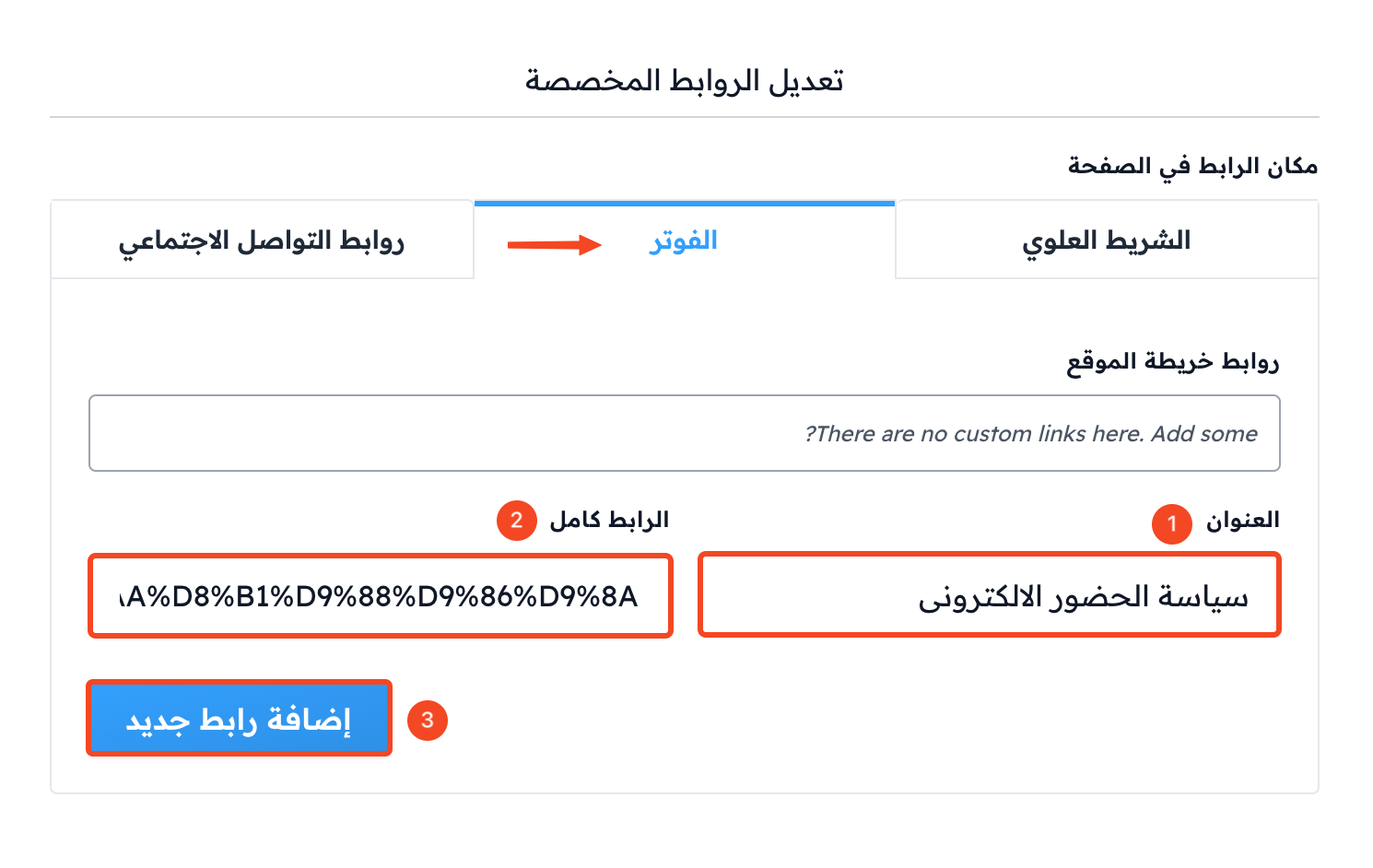 The Footer Sitemap tab with the online attendance policy title, its link and the Add a New Link button