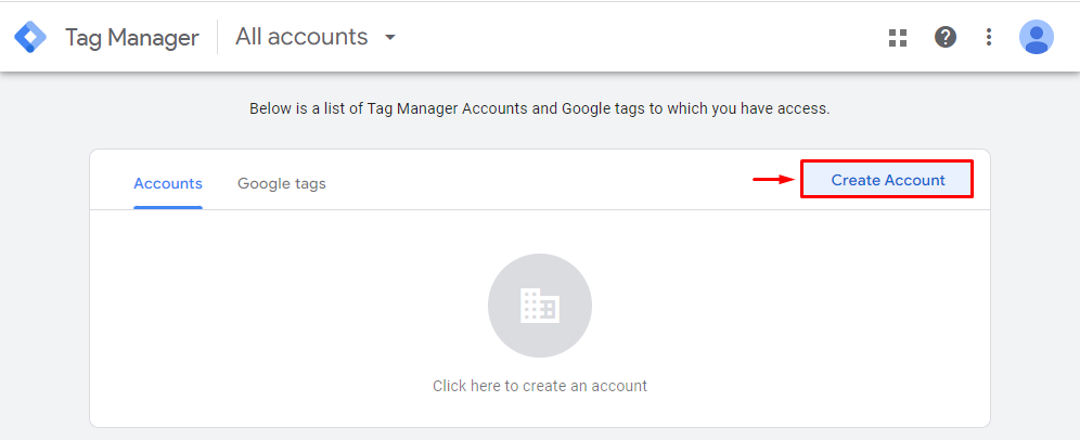 The Create Account button on the Google Tag Manager website