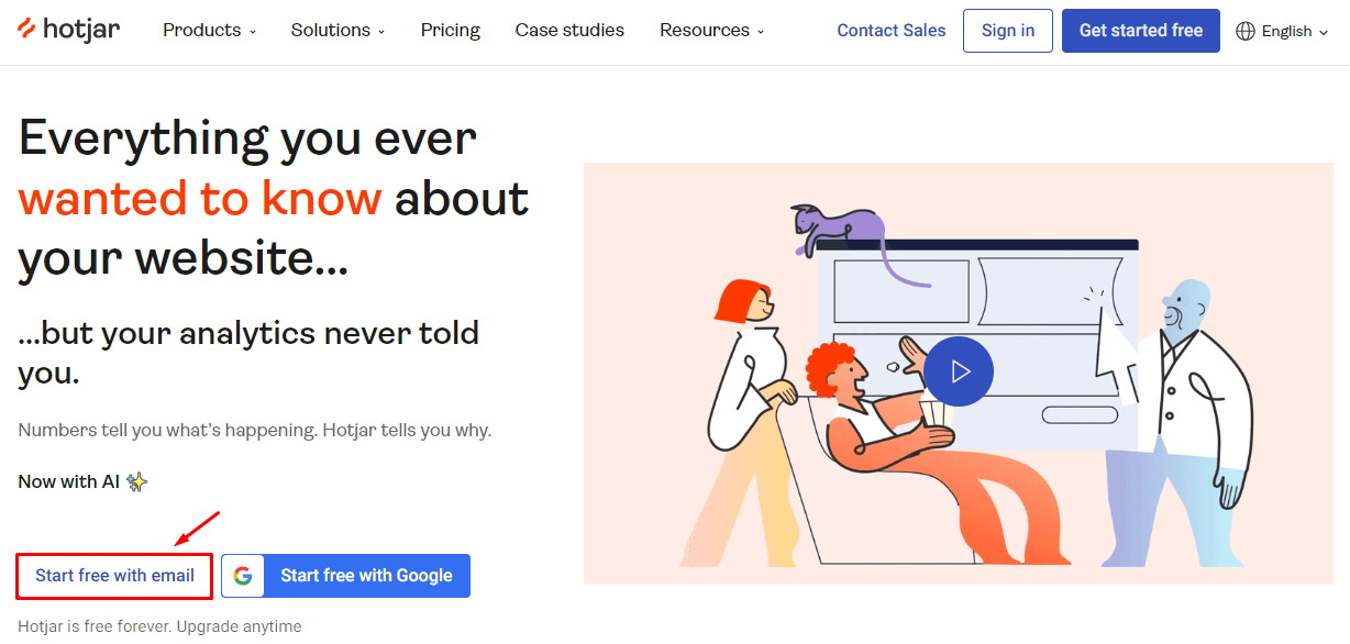 The Start free with email button on the Hotjar website