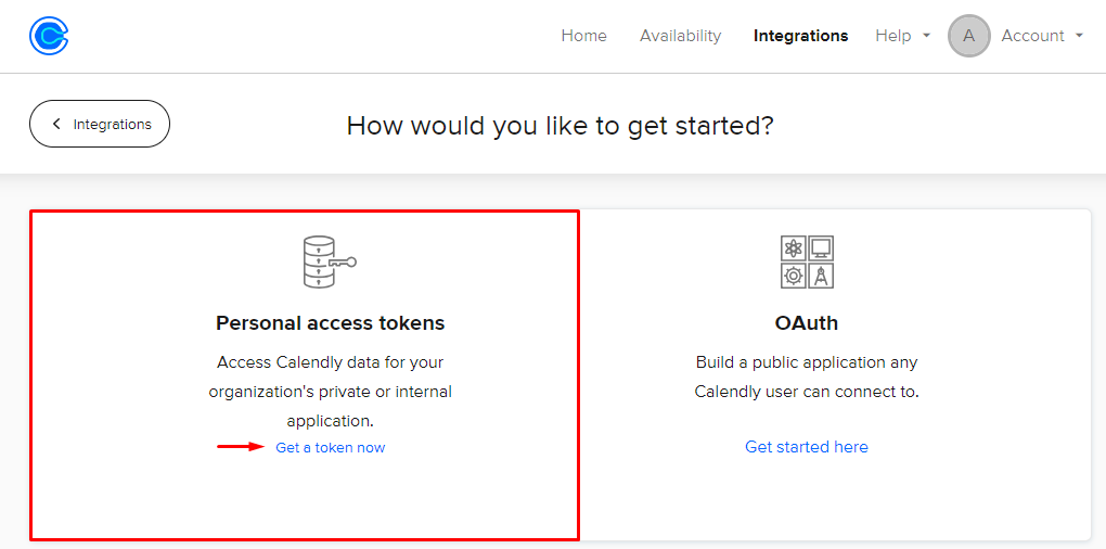 The Personal access tokens section and the Get a token now button