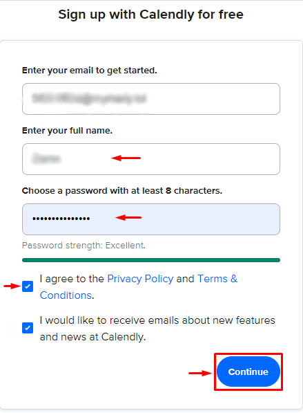 The account details form on Calendly