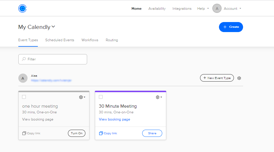 The Calendly account home page after creating it
