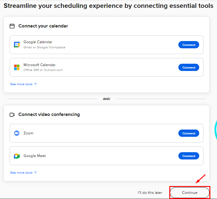 The page to connect your calendar and meeting tools on Calendly
