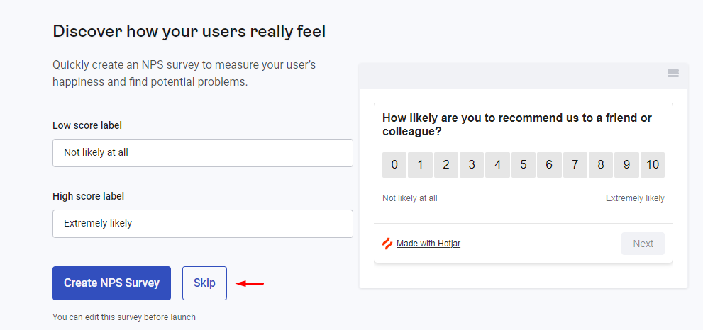 The Hotjar NPS survey page and the Skip button