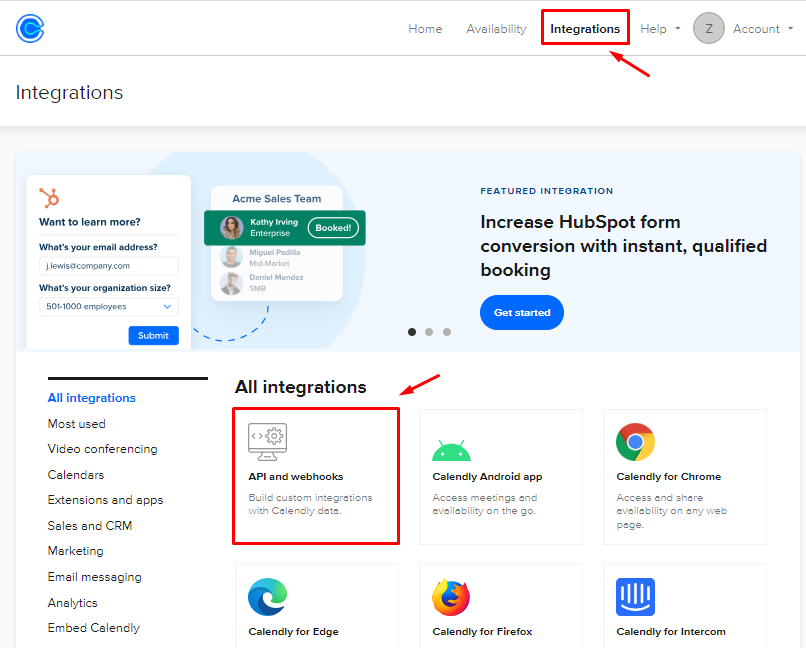 The Integrations page on Calendly and the API and webhooks option