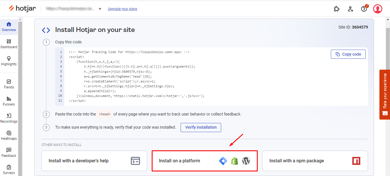 The Install on a platform option on the Hotjar install page
