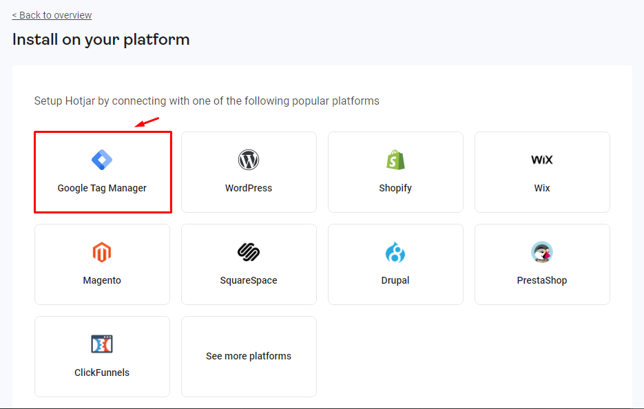 The Google Tag Manager option in the Hotjar list of platforms