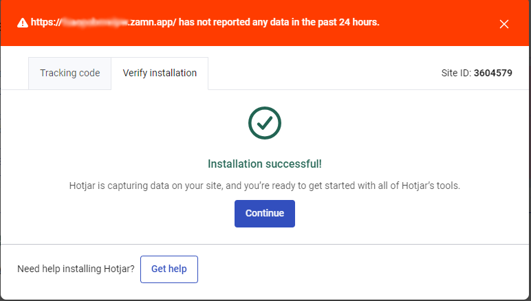 The Hotjar installation success message