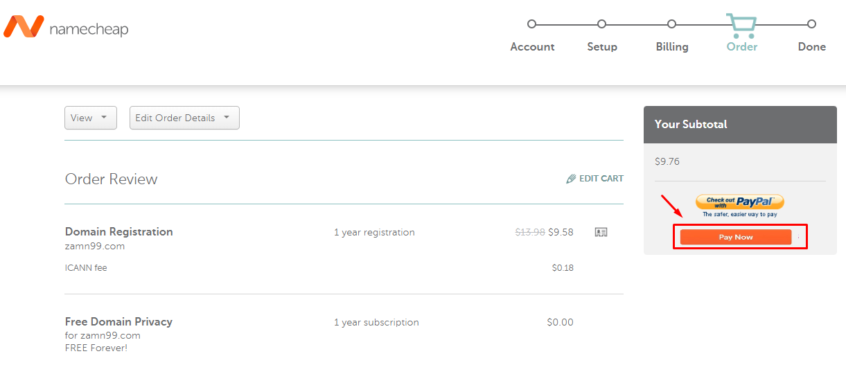 The order review page and the Pay Now button